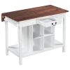 Farmhouse Stationary Wood Dining Table Drop Leaf Kitchen Island with Storage Shelves, Dark Walnut+White