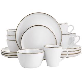 Elama Arthur 16 Piece Stoneware Dinnerware Set in Matte White with Gold Rim